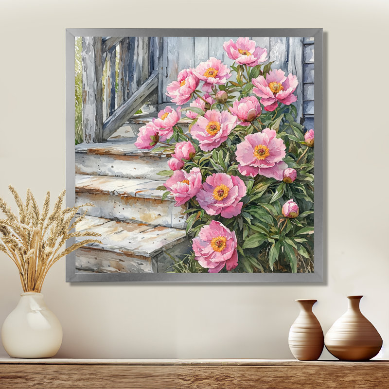 Grandes pivoines roses Criswell par The Farmhouse Steps II - pivoines, H 30 po x l 30 po, Argent argent