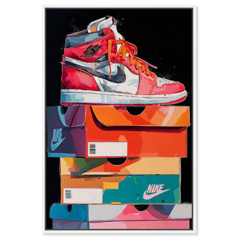 «Sneaker on Shoeboxes», impression rétro sur toile par Notoriart, H 54 po x l 36 po, Cadre argenté