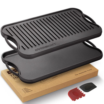 Overmont 17" x 9.8" Pre-Seasoned Cast Iron Reversible Griddle & Grill Pan with Handles – Gas Stovetop, Oven & Open Fire Safe, Includes One Tray and Scrapers