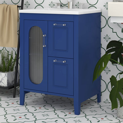 Meuble-lavabo 24 po avec lavabo en céramique, 1 porte en verre, 2 tiroirs à fermeture douce et tablette réglable, armoire de rangement en bois massif
