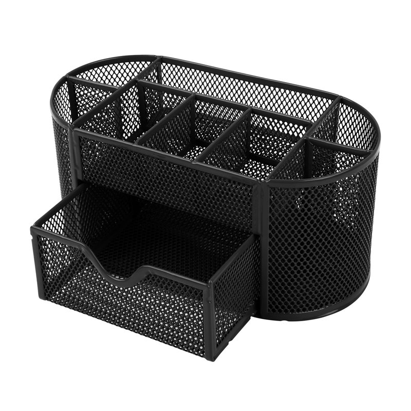 Rangement de bureau en métal noir avec 9 compartiments et un tiroir coulissant, Noir