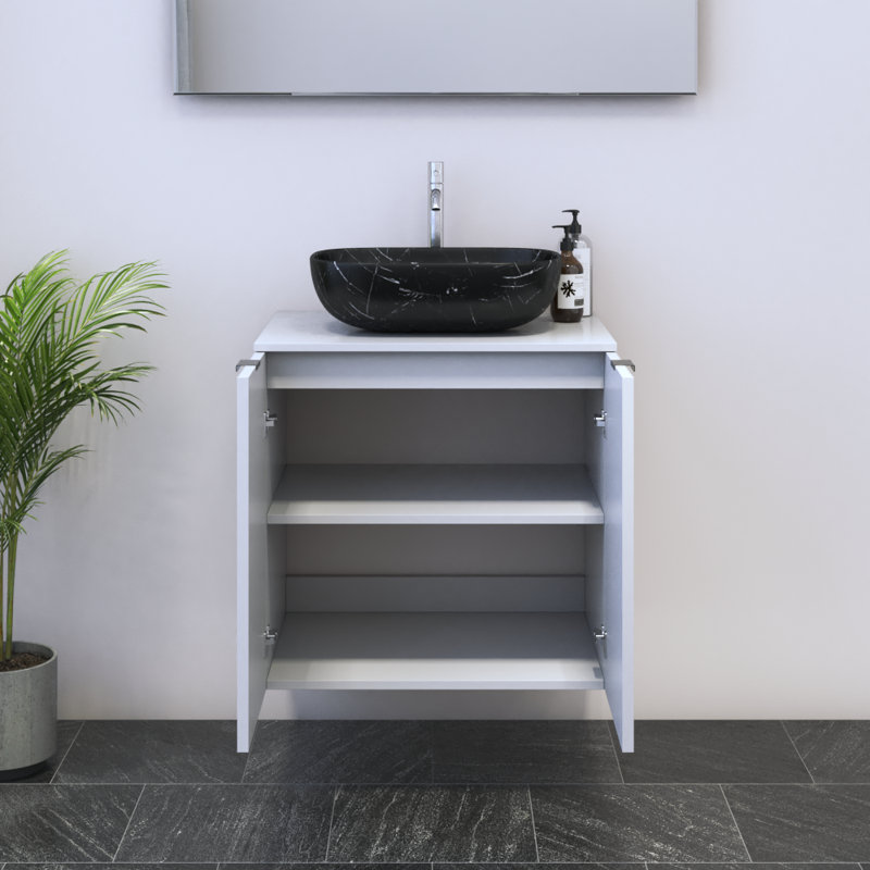 Meuble-lavabo simple 23,6 po avec plateau en bois manufacturé Lissia, Blanc, Noir