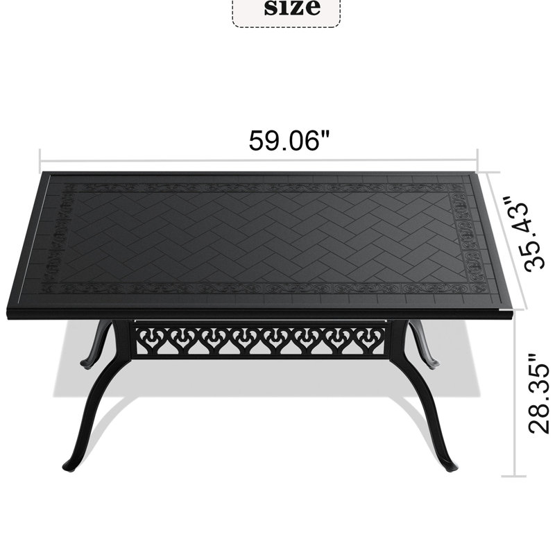 Table de patio - Fonte d'aluminium, noir, forme rectangulaire, texture, résistance à la rouille, repas d'extérieur rectangulaire, 6 sièges