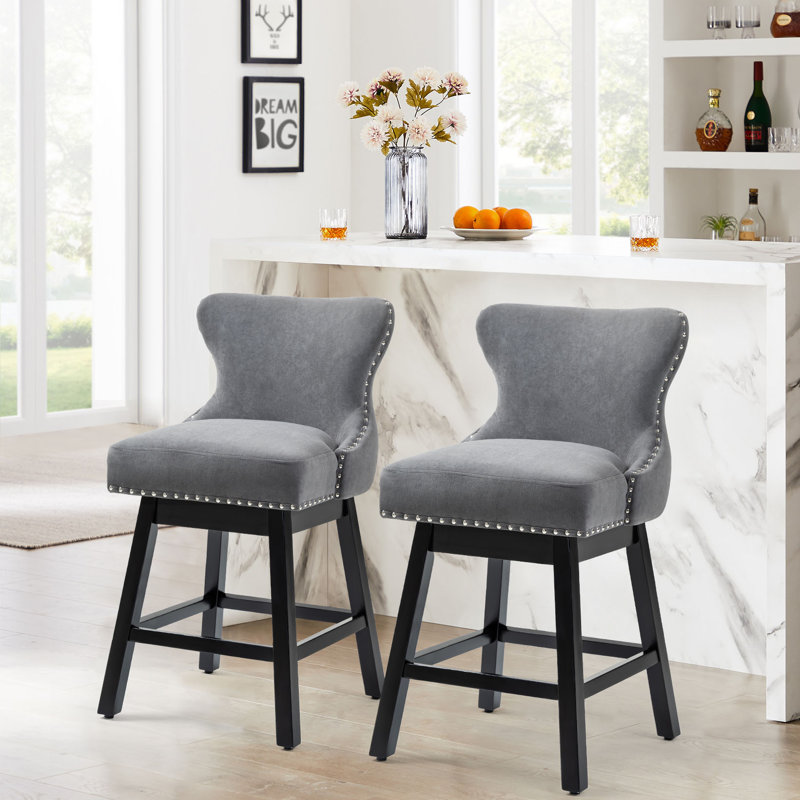 Upholstered 26" Swivel Counter Stools With Solid Wood Legs, Black, 2
