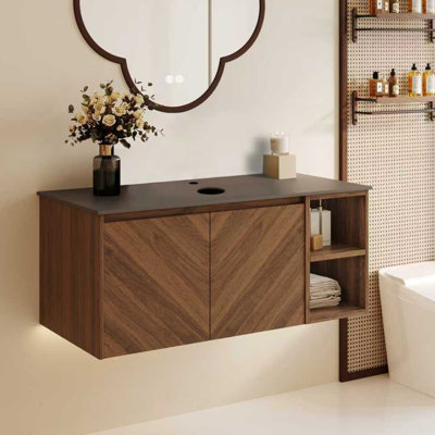 Base de meuble-lavabo simple 36 po seulement, plateau en pierre frittée noire et base de meuble-lavabo brun, sans lavabo