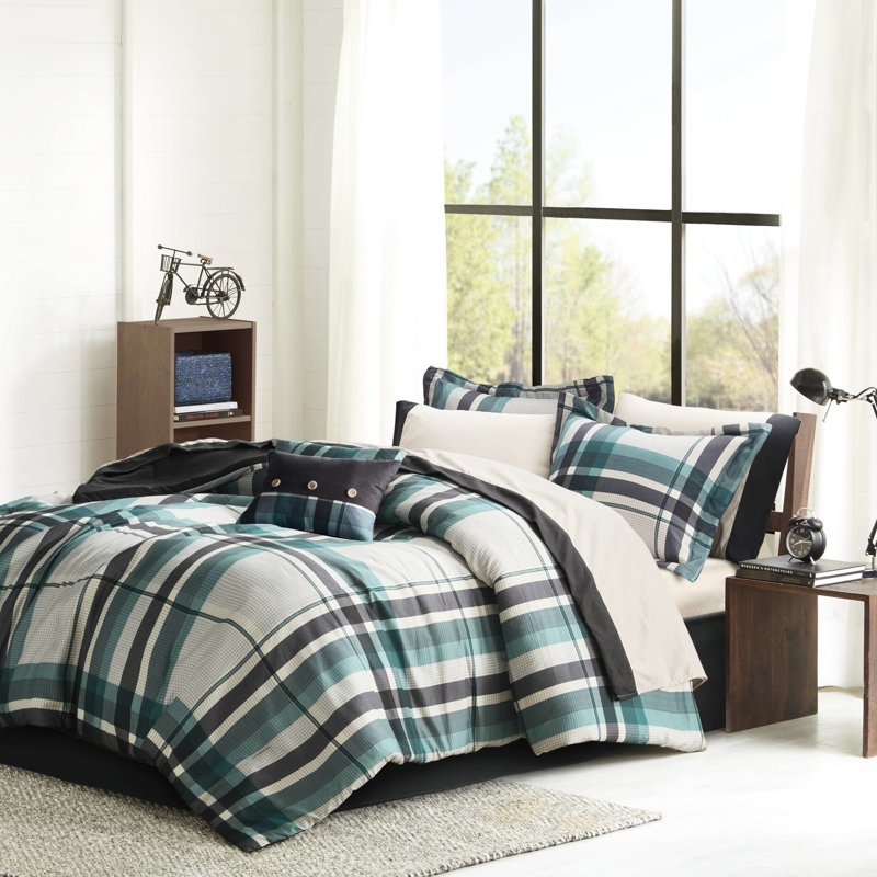 Ensemble de draps en microfibre 7 pièces pour lit simple en microfibre TG - bleu sarcelle / noir, étiquetés, rembourrés, lavables à la machine et de conception classique assortis lavables