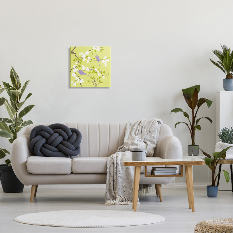 Parakeets & Cherry Blossoms On Canvas par Evelia Designs, H 17 po x l 17 po x P 1,5 po