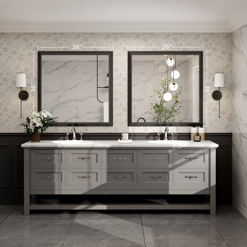 Molly Tempered Glass Metal Beveled Framed Wall Mounted Vanity Rectangular Mirror, 36" x 36", Black