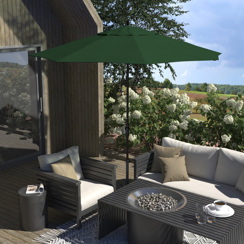 Parasol de patio en bronze 11 pieds avec manivelle en aluminium nervuré en vert forêt Sunbrella, Sunbrella® vert