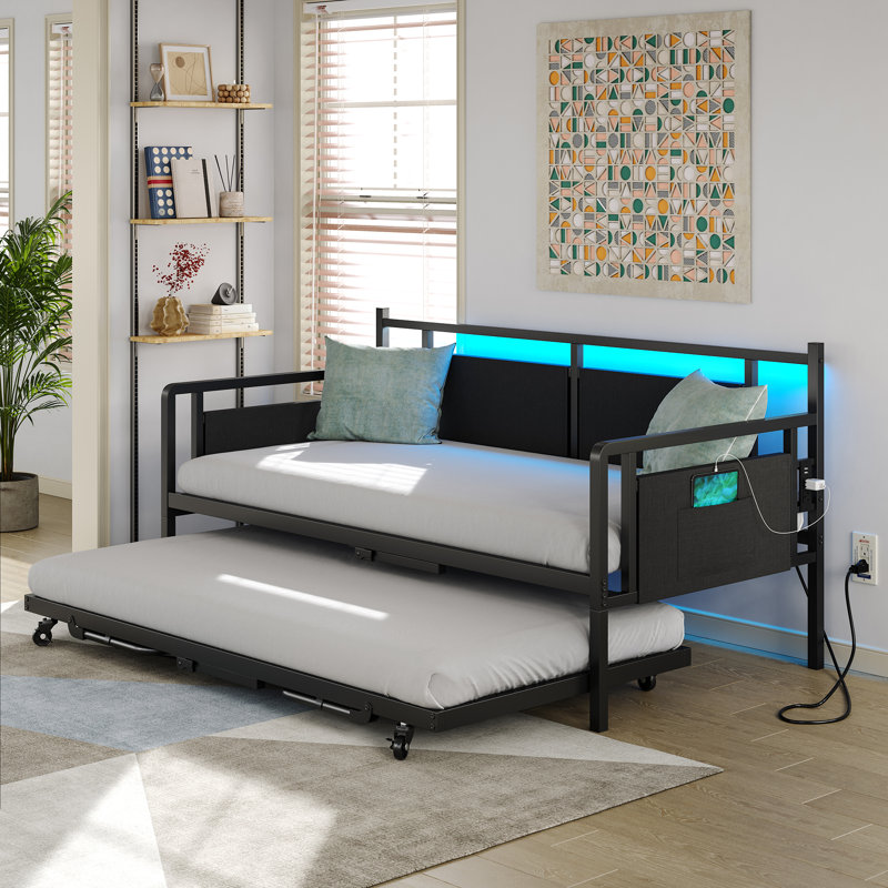 Merrylee Daybed with Pop Up Trundle,Metal Twin Daybed with Charging Station and LED Lights,Guest Bed with Storage for Adults