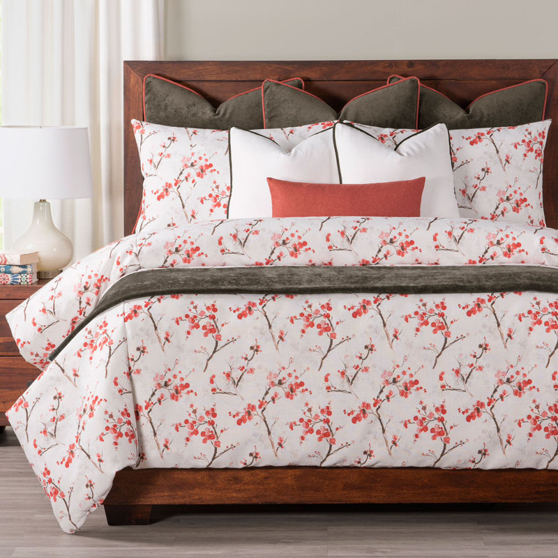 Tree Blossom Red/White Microfiber Duvet Cover Set, Full Duvet Cover + 2 Standard Shams