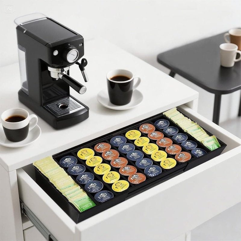 Organisateur de dosettes de café en bambou extensible avec séparateurs réglables, porte-gobelet et tiroir de rangement pour sachets de thé pour comptoir de cuisine et bureau