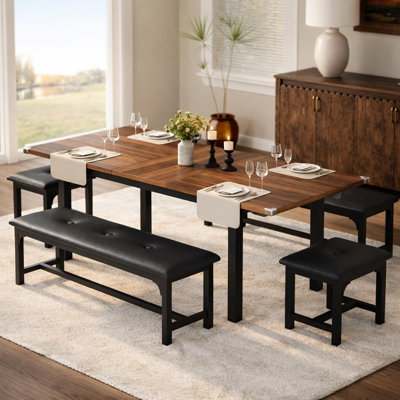 Ensemble de table de salle à manger extensible pour 6 à 8 personnes, table rectangulaire, 2 bancs longs et 2 bancs courts, plateau en bois de noyer