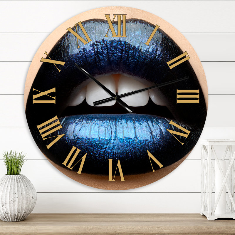 Woman Lips With Black And Blue Lipstick - Modern Wall Clock, Small