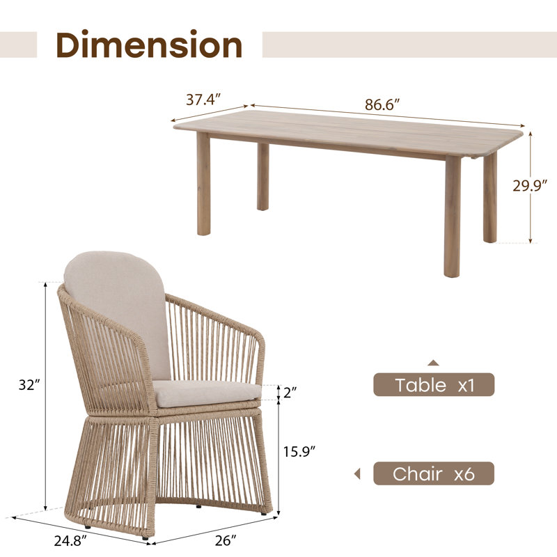 Ensemble de salle à manger 7 pièces Alfresco avec table en bois massif et 6 fauteuils à structure en acier