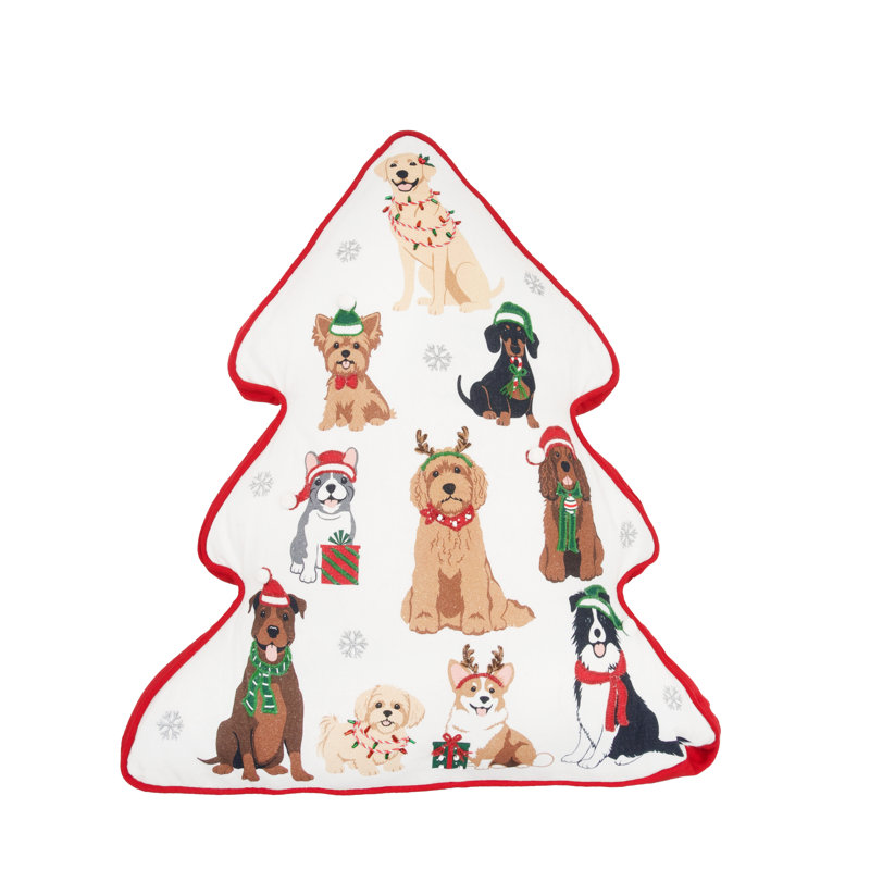Coussin décoratif en forme d'arbre de Noël Christmas Dogs in Festive Holiday Outfits 18,5 po x 20 po