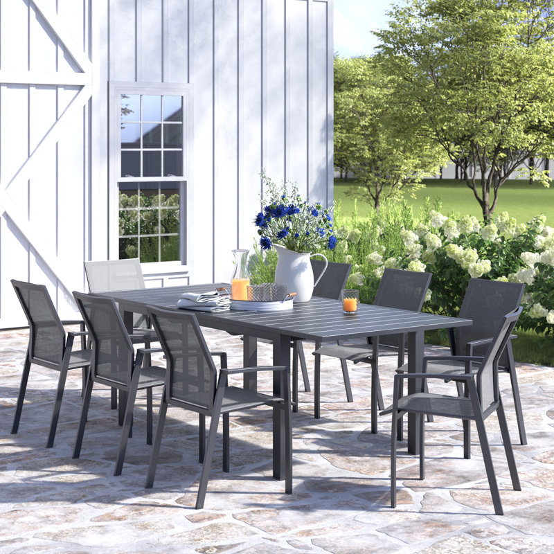 Calliana Patio Dining Set with Extendable Dining Table and Fully Assembled Stackable Chairs, 8, Gray