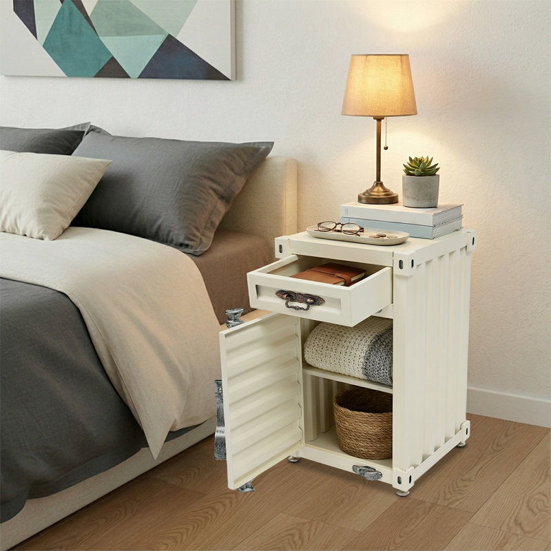 Table d'appoint style contenant avec tiroir, White