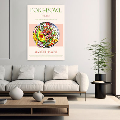 «Fresh Hawaiian Poke Bowl», art contemporain de poissons tropicaux colorés, architecture tropicale