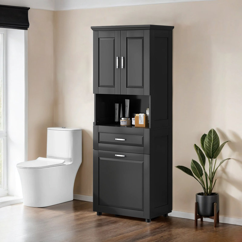 Armoire de salle de bain autoportante de 69,94 po de hauteur avec panier à linge et tablettes ouvertes
