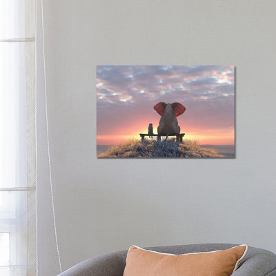 " Elephant And Dog Watch The Sunrise On The Seashore " by Mike Kiev
