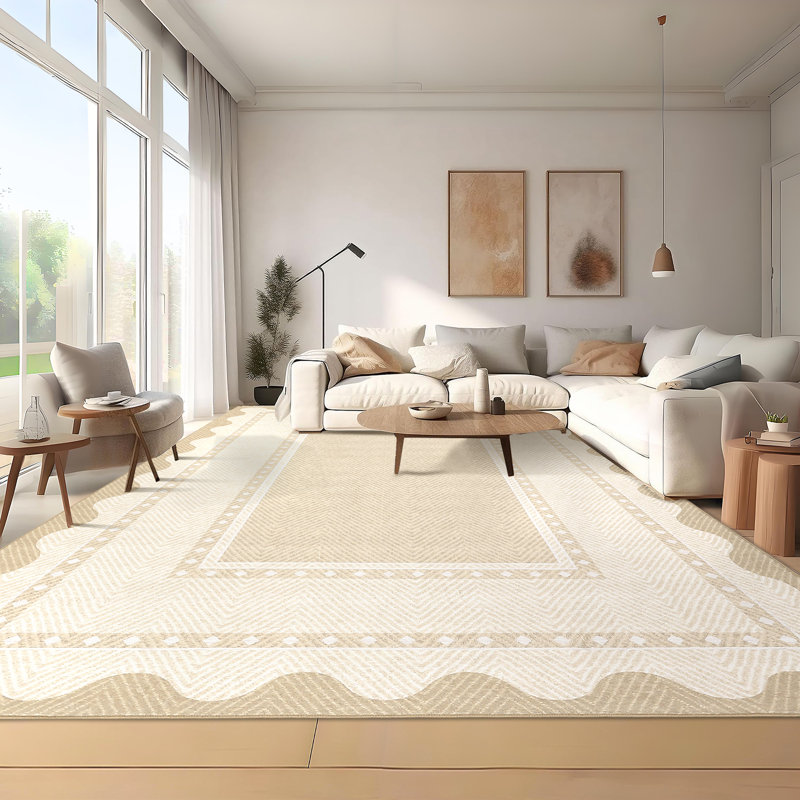 Modern Neutral Non Slip Washable Rugs, Contemporary Border Print Pattern Foldable Soft Carpet, Low Pile Floor Mat