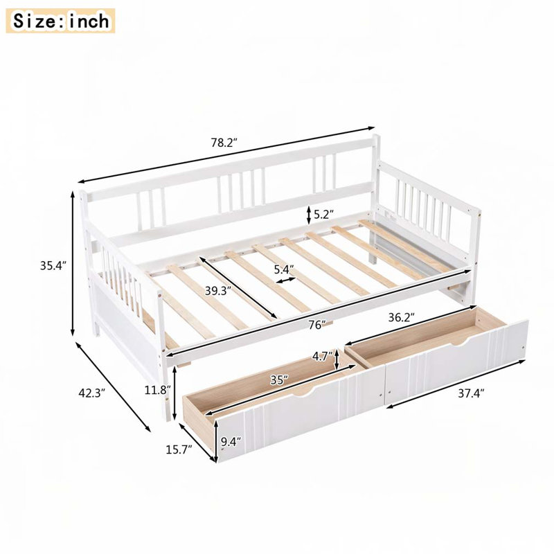 Daybed Wood Bed with Two Drawers, White