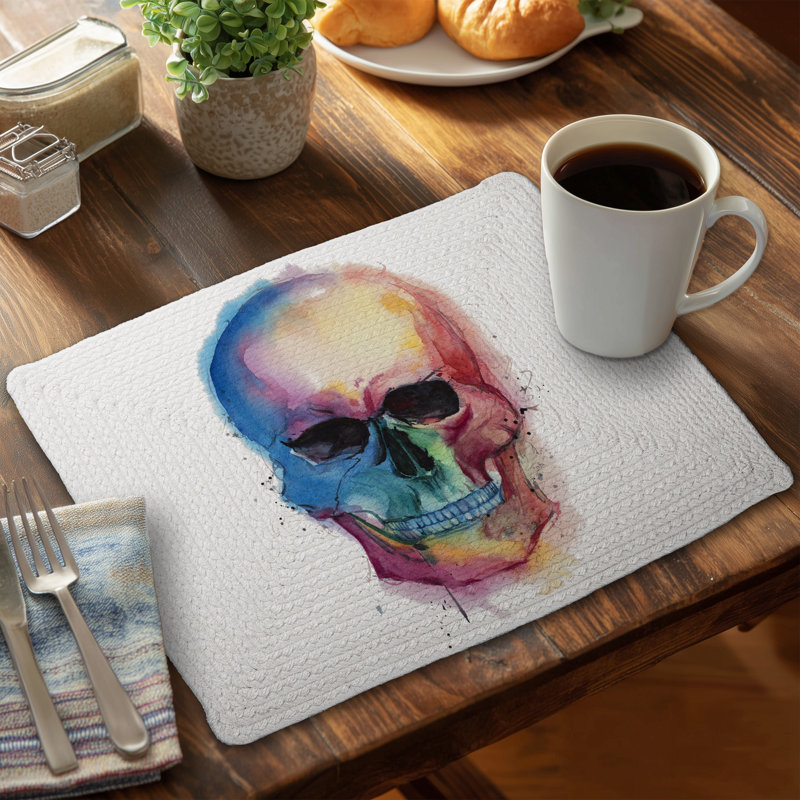 Watercolor Skull Placemat | Modern Braided Polyester Decor