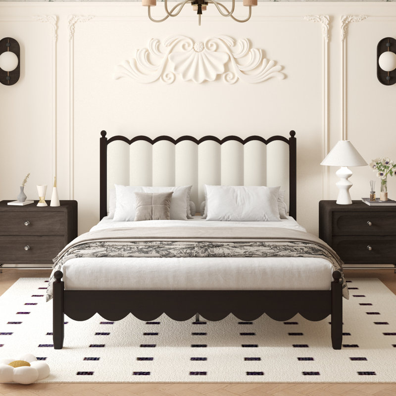 Ines Retro Style Solid Wood Platform Bed Frame with Vegan Leather Upholstered Headboard, White, Queen