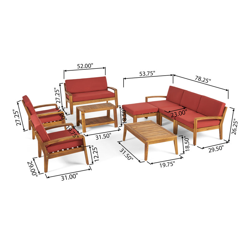 Sait Acacia 7 - Person Patio Conversation Set with Cushions, Teak Frame/Red Cushion