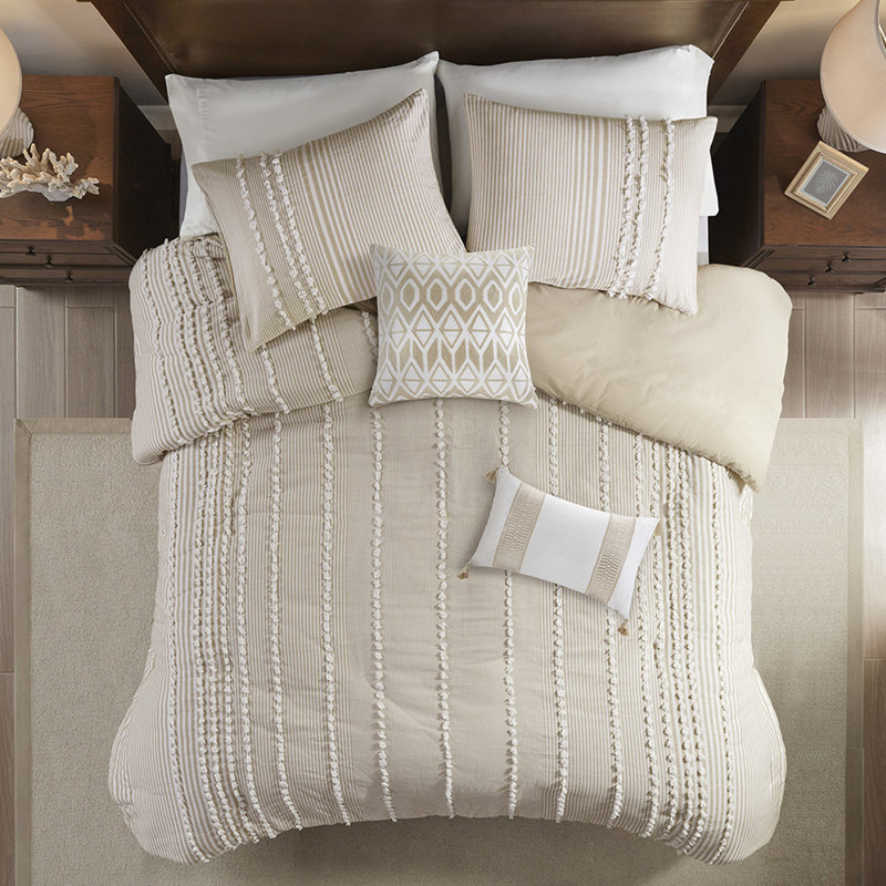 Housse de couette en coton 3 pièces avec texture chenille taupe et blanc