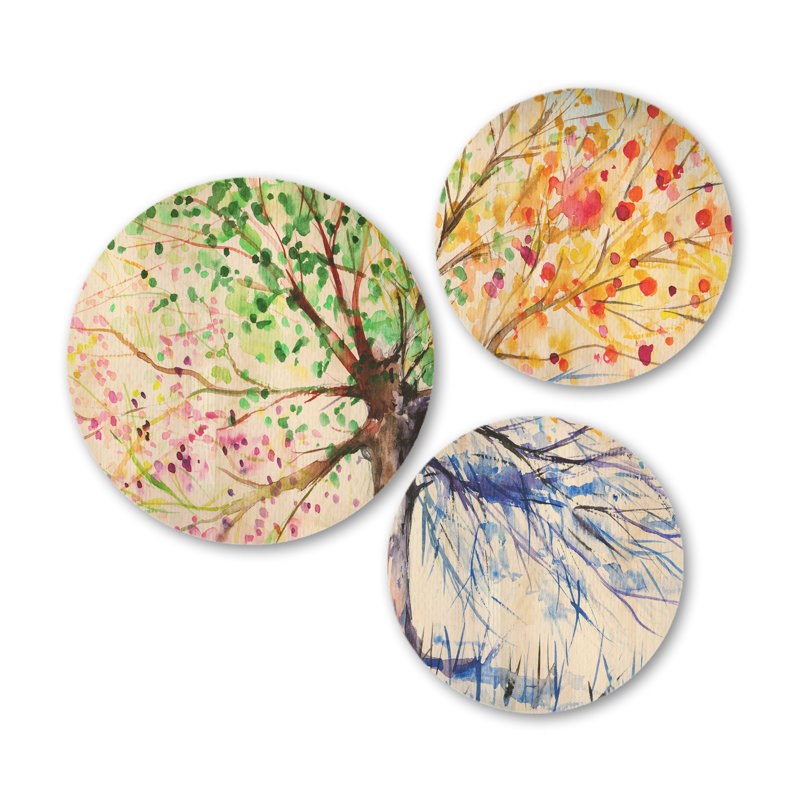 «Four Seasons Tree» Designart, ensemble d'art mural en bois sur 3 cercles