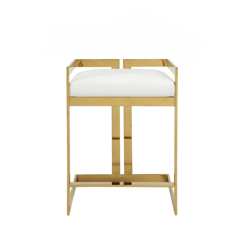Upholstered Counter Stool, Gold, White Faux Leather
