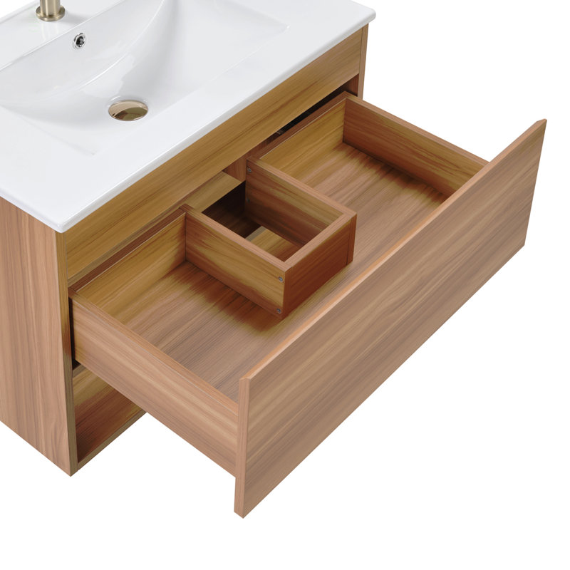 Meuble-lavabo 24 po avec lavabo en céramique - Meuble-lavabo mural flottant cannelé avec tiroirs, moderne, Natural Walnut