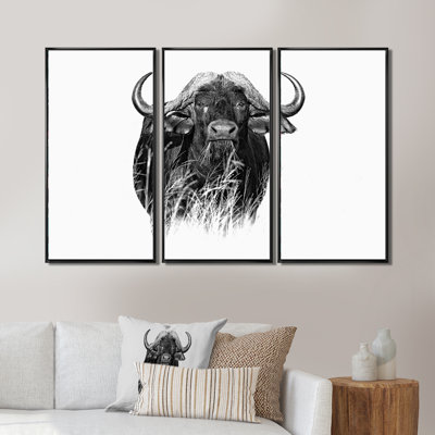 Portrait monochrome de Buffalo IV - 3 pièces, cadre flottant, impression sur toile