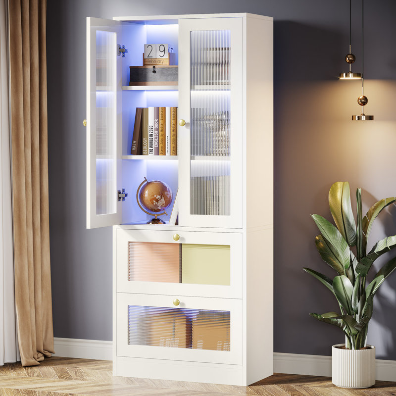 Bibliothèque blanche avec portes en acrylique et lumière DEL