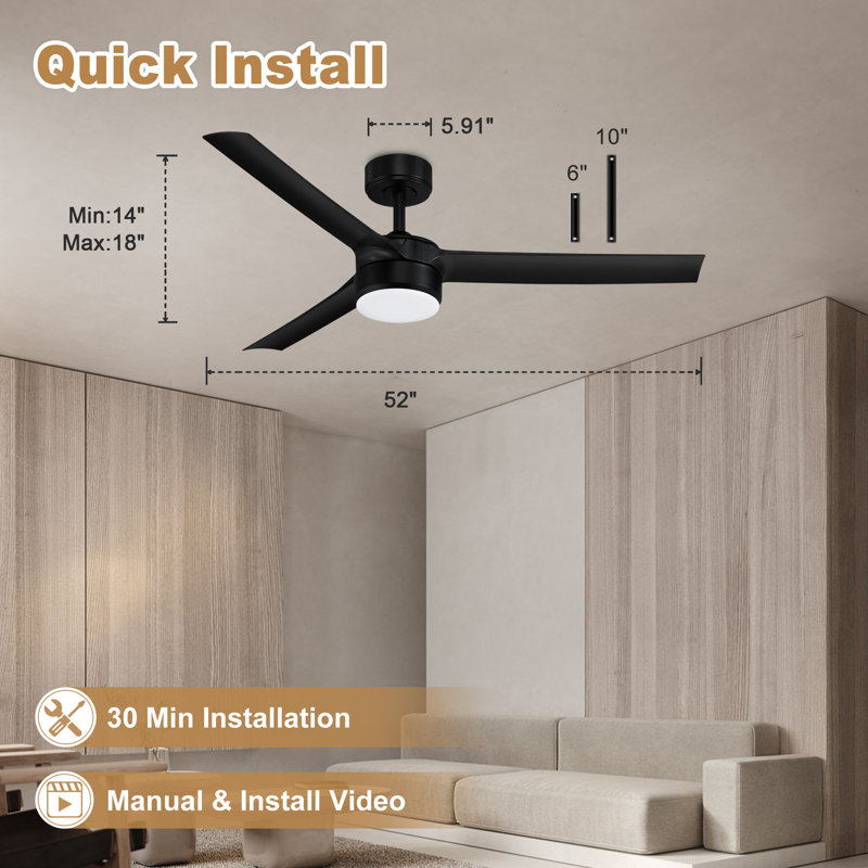 3-Blade Smart Indoor/Outdoor Ceiling Fan with LED Light, Remote and WiFi/Alexa Control, Quiet DC Motor, Dimmable, Reversible Blades