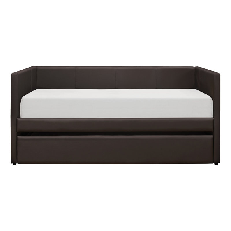 Lit de jour brun rembourré en similicuir avec lit gigogne en bois 1pc, Brun