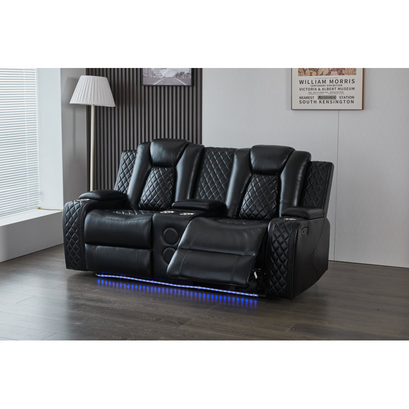 Causeuse inclinable électrique moderne en similicuir avec haut-parleurs Bluetooth, console de rangement, chargement sans fil, ports USB-C / USB et éclairage DEL