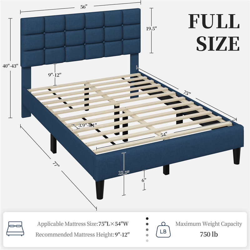 Contemporary Modern Tufted Upholstered Platform Bed, Full, Navy Blue