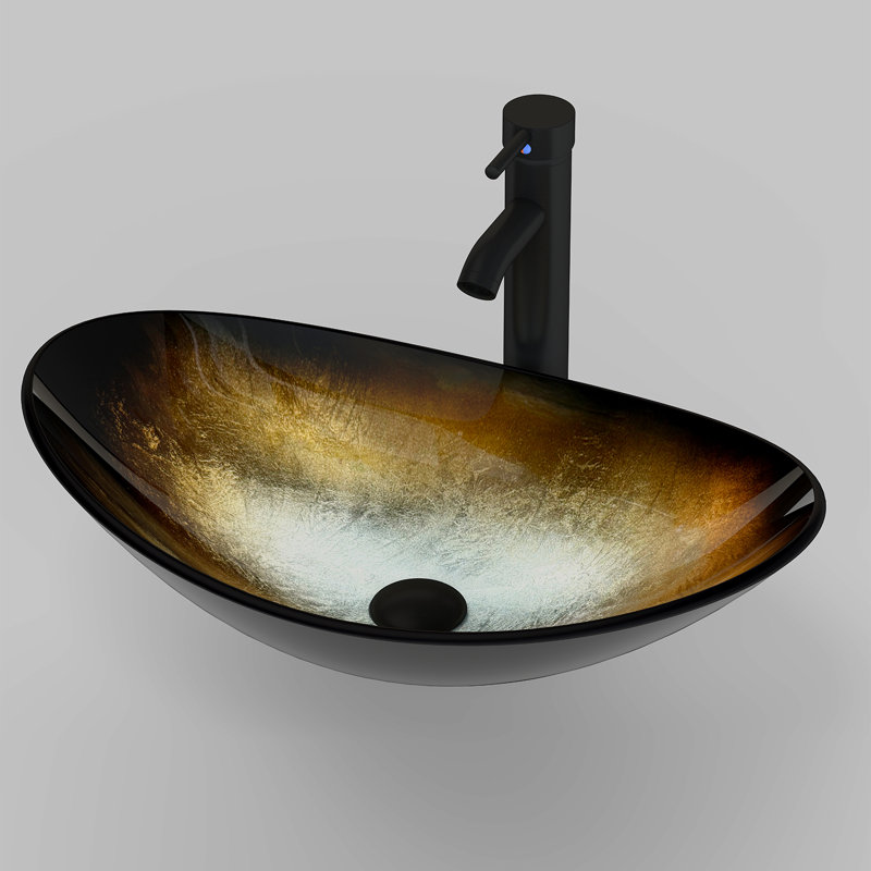 Lavabo de salle de bain en verre dégradé or clair avec robinet, Jaune, Noir