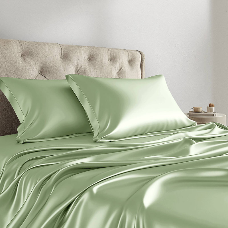 Satin Sage 100% Satin Luxury Wrinkle Resistant 6-Piece Queen Sheet Set, Queen Sheet Set + 4 Standard Pillowcases, Sage