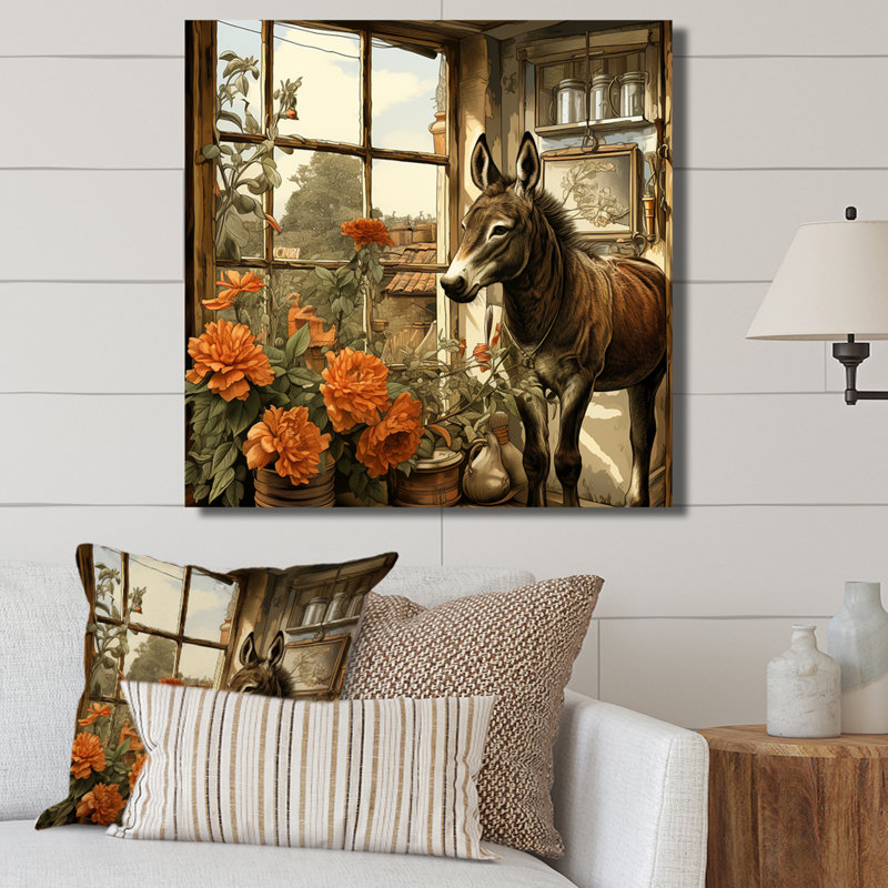 Ancienne ferme à dos rétro avec fleurs orange - art mural âne, H 36 po x l 36 po x P 1,5 po, Toile tendue