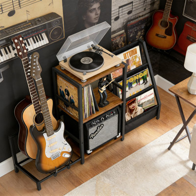 Record Player Stand With Guitar Holder And Vinyl Storage For Multiple Guitars In Studio