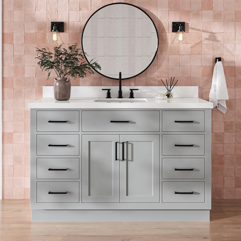Meuble-lavabo simple en bois massif 54 po avec lavabo à quartz blanc 1,5 po Thornaby, Gris / noir mat, Forme rectangulaire