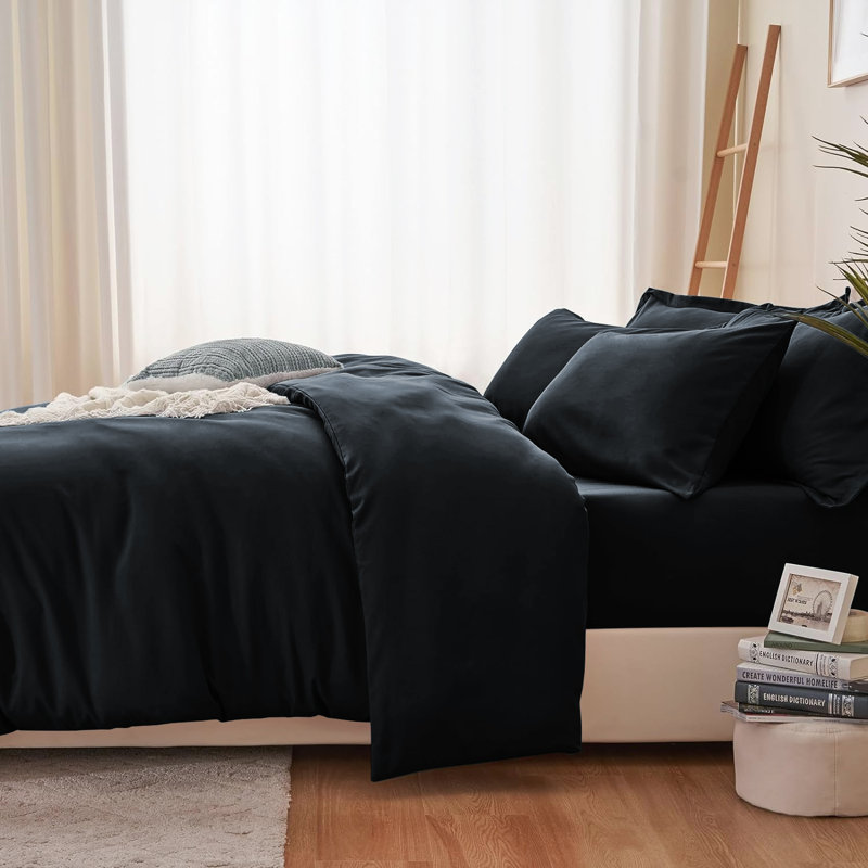 Nitzy Super Soft Reversible Plain Duvet Cover with Pillowcases, UK Single - DE 137 x 200 cm, Black