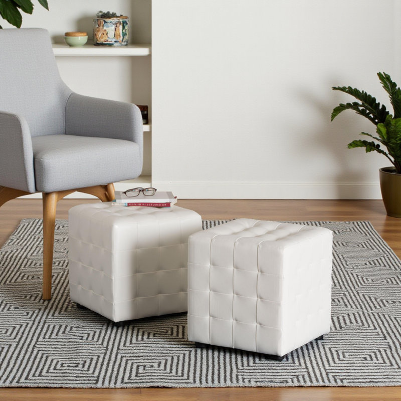 Faux Leather Ottoman, White Faux Leather