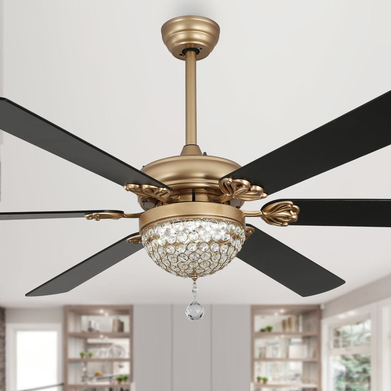 Landria 65" Tiffany Dimmable Crystal Ceiling Fan with LED Light and Remote, Gold with Black Blades