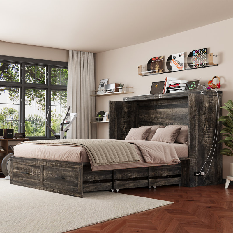 Farmhouse Queen Murphy Bed with Charging Station and Large Storage Drawer, Rustic Gray