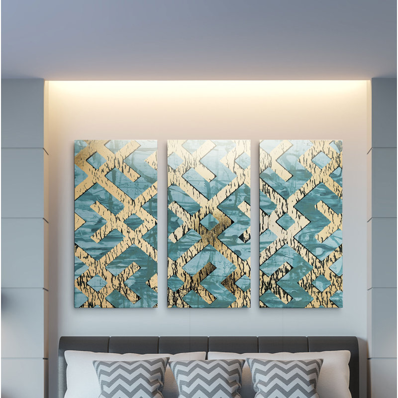 «Gilded Geometrics I», reproduction d'art graphique multi-pièces sur toile, H 32 po x l 48 po x P 1,5 po
